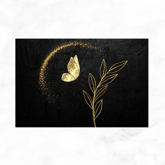 De Muurdecoratie - Plexiglas Schilderij - Vlinder Schilderij Met Goud - Gouden Glitters - Glasschilderij Zwart Goud - Slaapkamer Decoratie - 90x60 cm