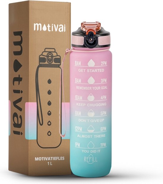 Motivatie Waterfles - Motivai® - Roze/Blauw - Met Gratis Extra Afsluitklepje - 1 Liter Drinkfles - Waterfles met Rietje - Waterfles met tijdmarkering - BPA Vrij - Volwassenen - Kinderen