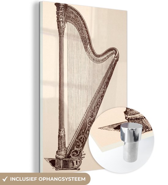 MuchoWow® Glasschilderij 20x30 cm - Schilderij acrylglas - Illustratie van een harp uit 1900 - Foto op glas - Schilderijen