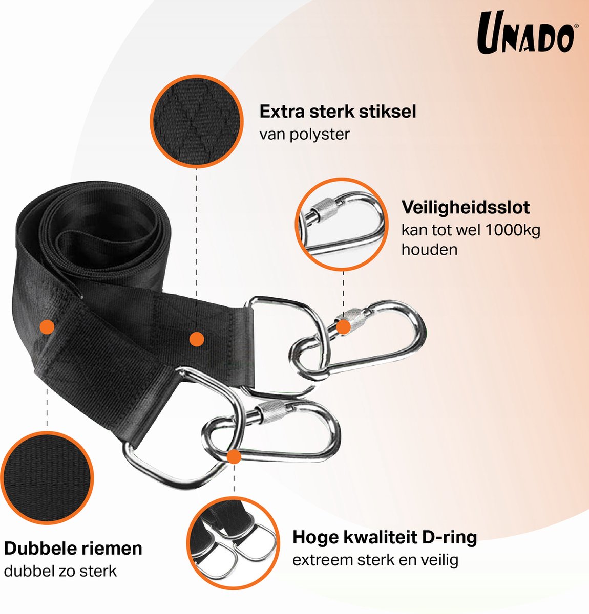 Unado Ophang Koord Voor Hangmat, Hangstoel / Schommel - Hangmat Bevestigingsset Inclusief Haken - Karabijnhaak - Hangmat Standaard -Schommelophangset - Hangmat Ophangsysteem -150cm - Tot 1000kg - Boomvriendelijke Hangmat Ophangset - Set Van 2Stuks — afbeelding 2