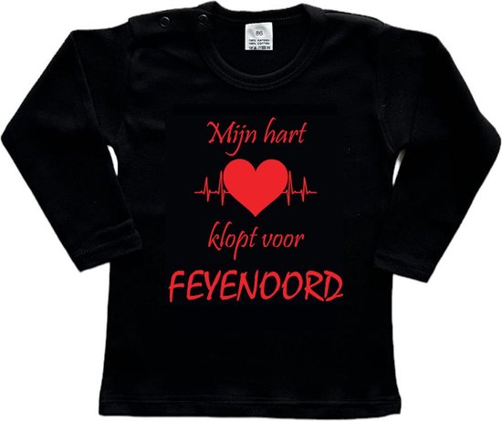 Rotterdam Kinder t-shirt Lange Mouw | Feyenoord "Mijn hart klopt voor FEYENOORD" | Verjaardagkado | verjaardag kado | grappig | jarig | Rotterdam | Feyenoord | cadeau | Cadeau | Zwart/rood | Maat 80