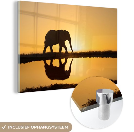 MuchoWow® Glasschilderij 120x80 cm - Schilderij acrylglas - Silhouet van een olifant bij zonsondergang - Foto op glas - Schilderijen