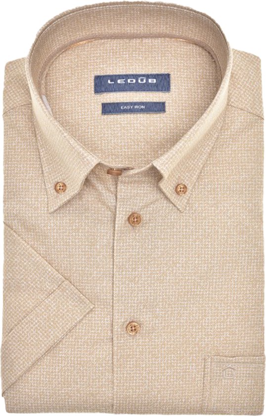 Ledub modern fit overhemd - korte mouw - lichtbruin mini dessin - Strijkvriendelijk - Boordmaat: 46
