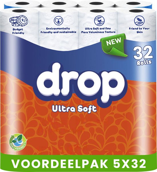 Drop - Ultra Soft - 5x32 rollen toiletpapier - 160 rollen - Ultiem comfort WC Papier, Superieure sterkte, Maximale absorptie & Pluisvrij - Voordeelverpakking WC Papier