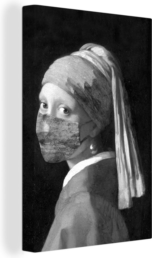 Canvas schilderij 90x140 cm - Wanddecoratie Het meisje met de parel met een blauw mondkapje - schilderij van Johannes Vermeer - zwart wit - Muurdecoratie woonkamer - Slaapkamer decoratie - Kamer accessoires - Schilderijen
