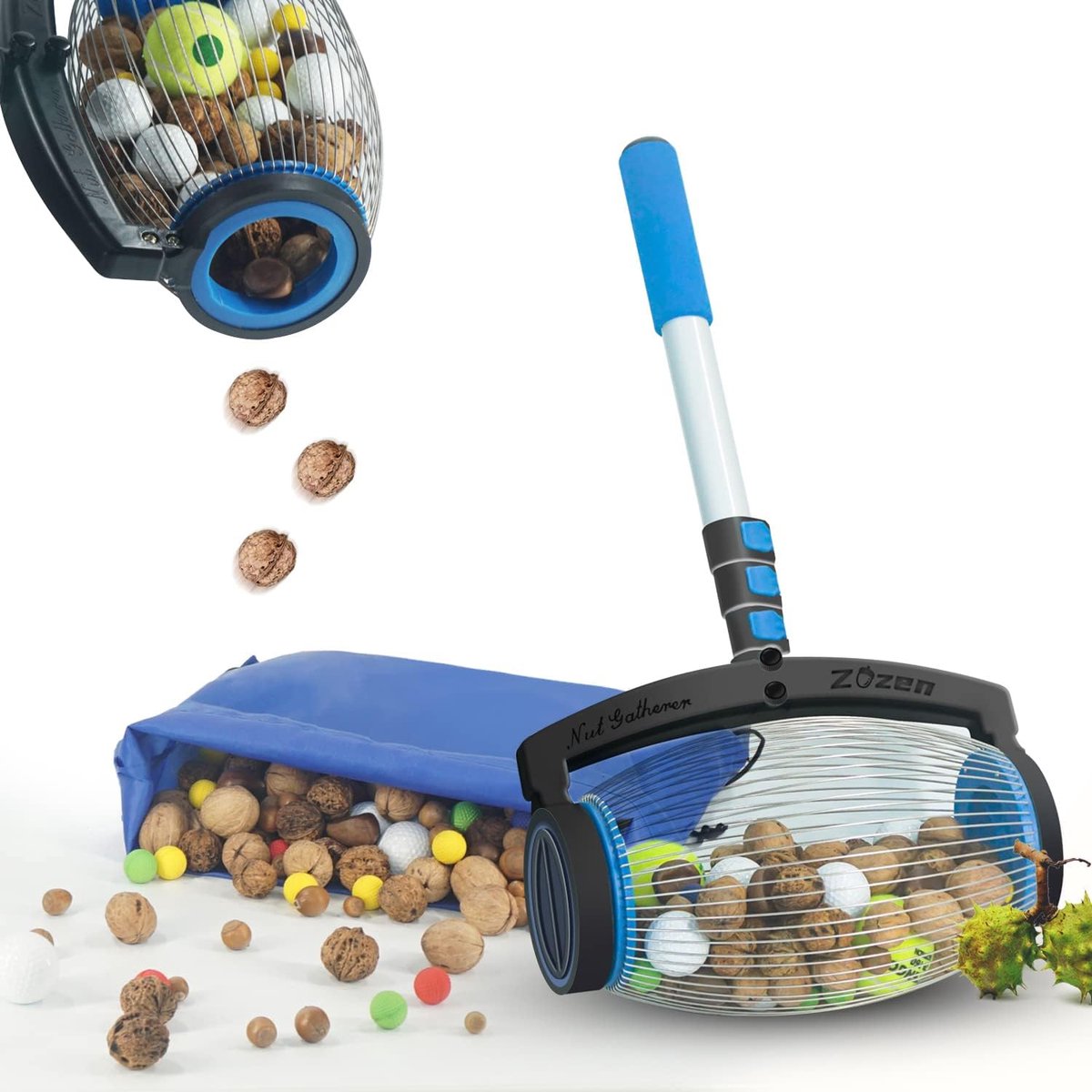 Notenverzamelaar, walnootverzamelaar, zijopening Dump; Pecan Picker Upper. Toepassen op hickory noten, spiked ballen, kastanje, nerf darts, golf, objecten 2,5 cm tot 6,5 cm; pollengte 1,4 m (L)
