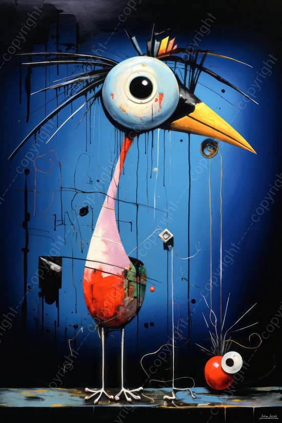 JJ-Art (Aluminium) 120x80 | Grappige zangvogel op het podium, abstract, kunst, felle kleuren, kleurrijk | dier, vogel, zingen, blauw, geel, rood, zwart, roze, modern | foto-schilderij op dibond, metaal wanddecoratie