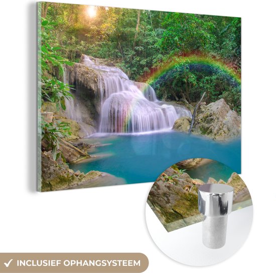 MuchoWow® Glasschilderij 90x60 cm - Schilderij acrylglas - Regenboog - Zon - Waterval - Natuur - Foto op glas - Schilderijen