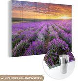 MuchoWow® Glasschilderij 180x120 cm - Schilderij acrylglas - Lavendel - Wolken - Lente - Foto op glas - Schilderijen