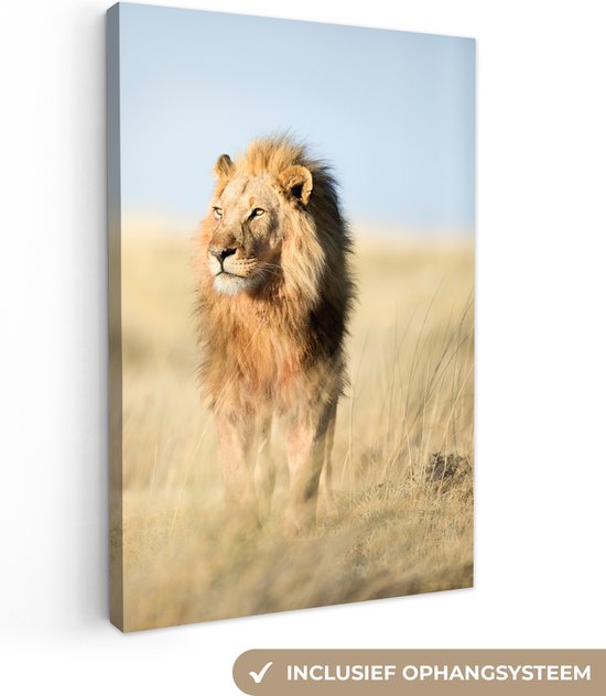 Canvas Schilderij Close-up lopende leeuw - 60x90 cm - Wanddecoratie