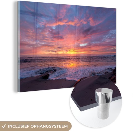 MuchoWow® Glasschilderij 60x40 cm - Schilderij acrylglas - Strand - Zee - Zonsondergang - Foto op glas - Schilderijen