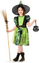 Funny Fashion - Heks & Spider Lady & Voodoo & Duistere Religie Kostuum - Donder En Bliksem Heks - Meisje - Groen, Zwart - Maat 104 - Carnavalskleding - Verkleedkleding