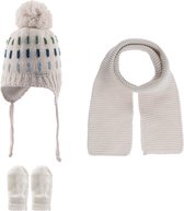 Kitti 3-Delig Winter Set | Muts (Beanie) met Fleecevoering - Sjaal - Handschoenen | 0-18 Maanden Baby Jongens | K23150-06-03 | Cream