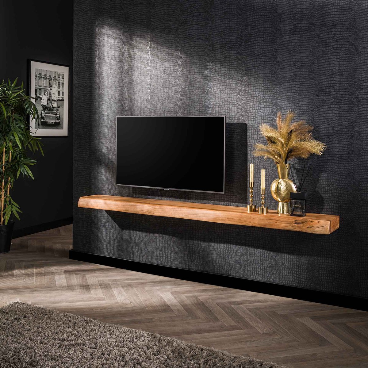 Giga Meubel Wandplank Tree - Naturel Acaciahout - 200x25x8cm