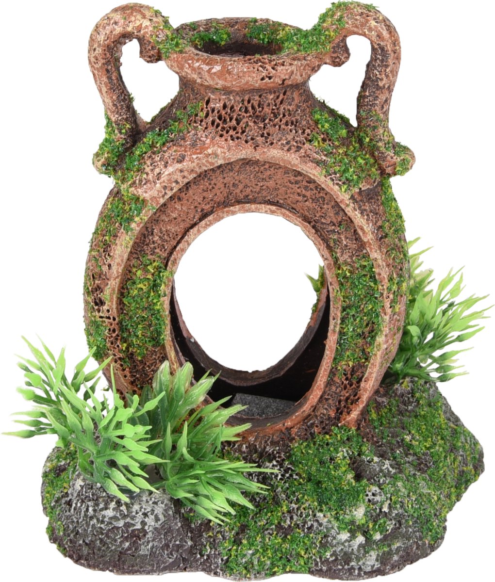 Flamingo - Aquariumdecoratie Moza kruik met plant - Bruin - 10 x 7 x 11 cm