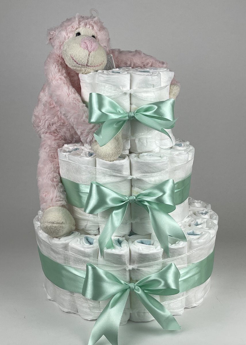 Goedkoopste Chouette-Chouette | Luiertaart Meisje | Kraamcadeau | Geboorte Meisje | Babyshower | Aap Roze - Groen