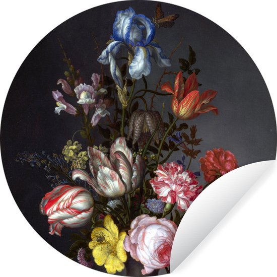 WallCircle - Muurstickers - Behangcirkel - Bloemen in een vaas met schelpen en insecten - Balthasar van der Ast - 80x80 cm - Muurcirkel - Zelfklevend - Ronde Behangsticker