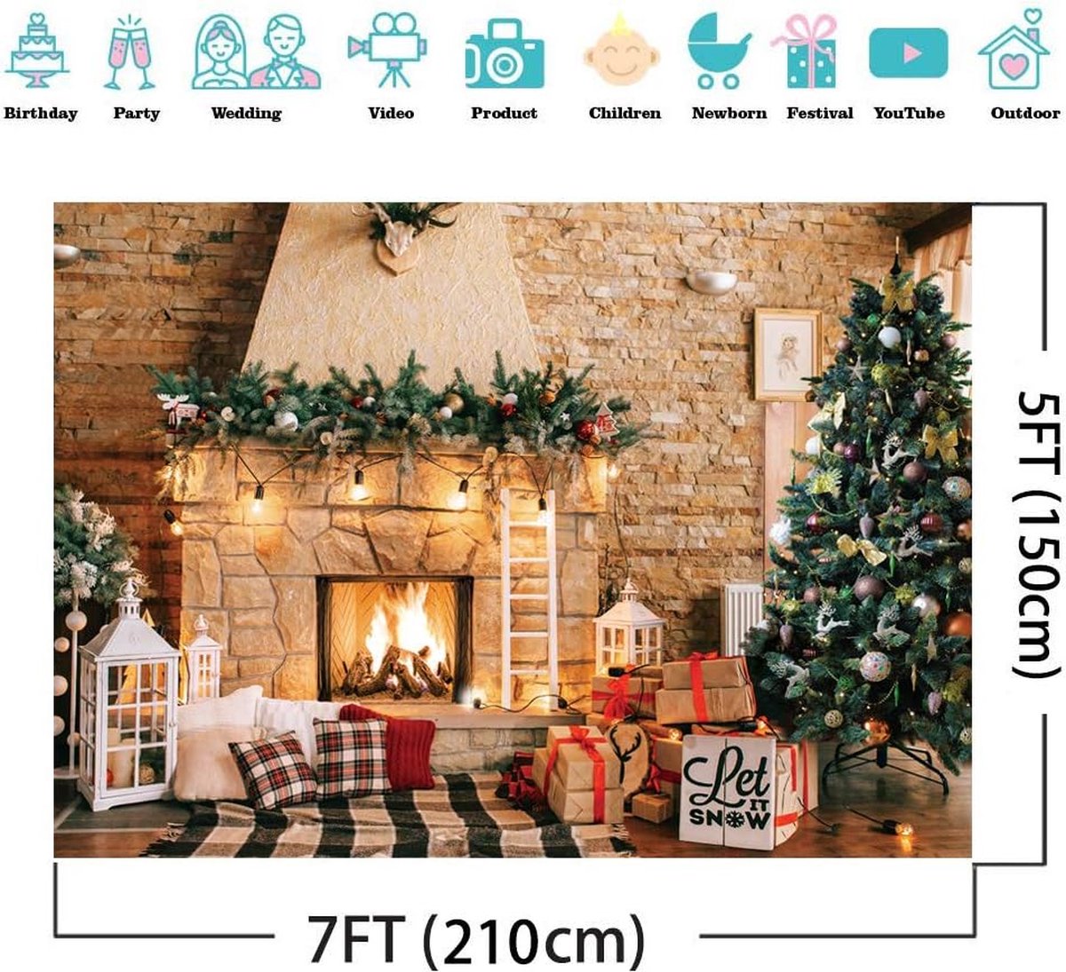 Toile De Fond Photo Noël 7x5 Pi - Cheminée Décorative - Fond Photo Festif