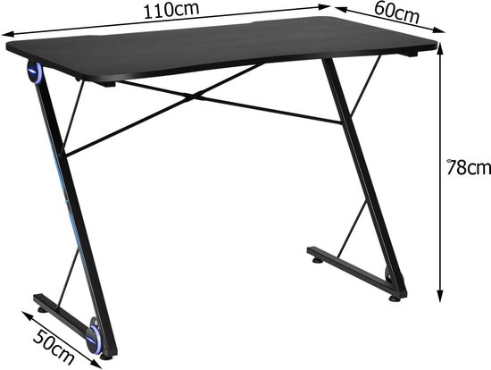 YOUDENOVA Gaming bureau, 130 x 50 cm, gamingtafel met ledverlichting en stopcontact, computertafel met laden, koolstofvezel, zwart