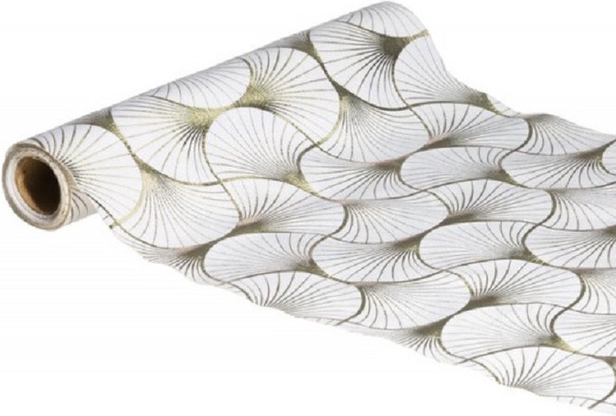 Chaks Tafelloper op rol - ginkgo print - wit/grijs - 28 x 300 cm - polyester