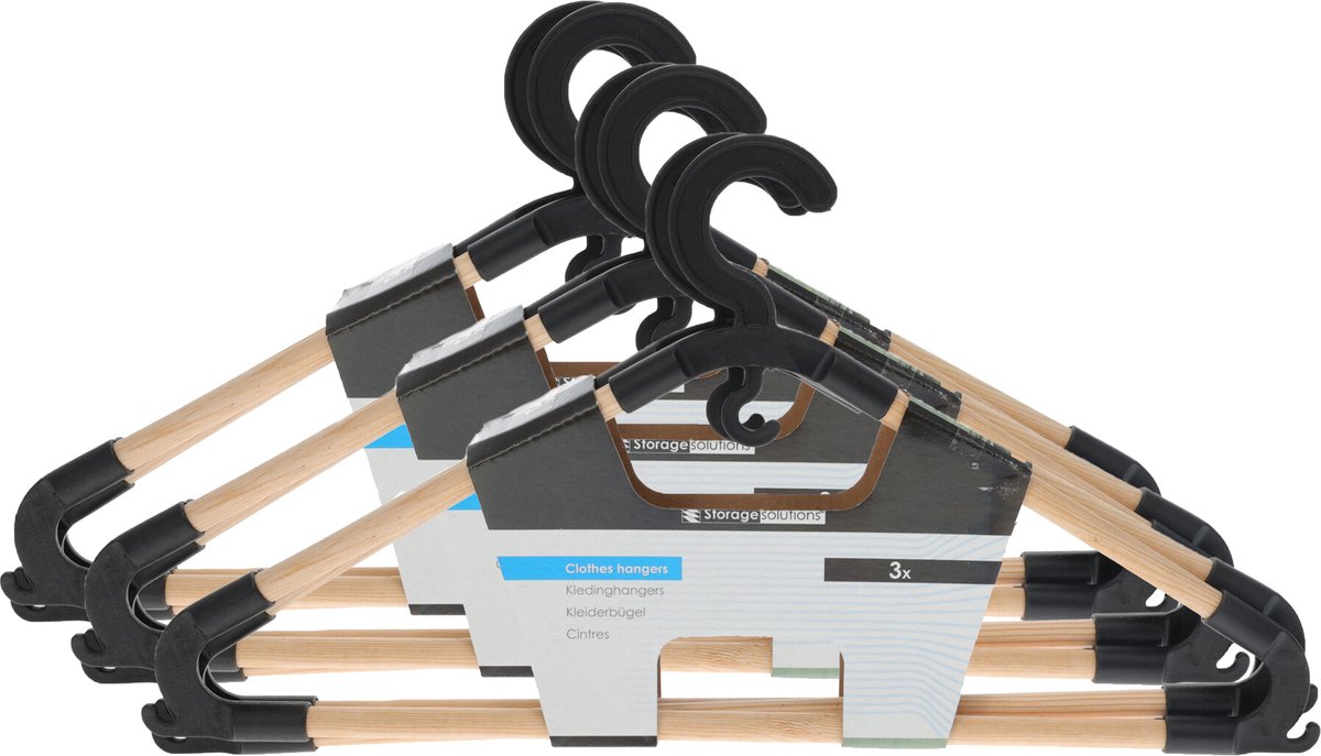 Storage Solutions Kledinghangers met broekstang - 9x - hout - zwart - 43 x 20 cm