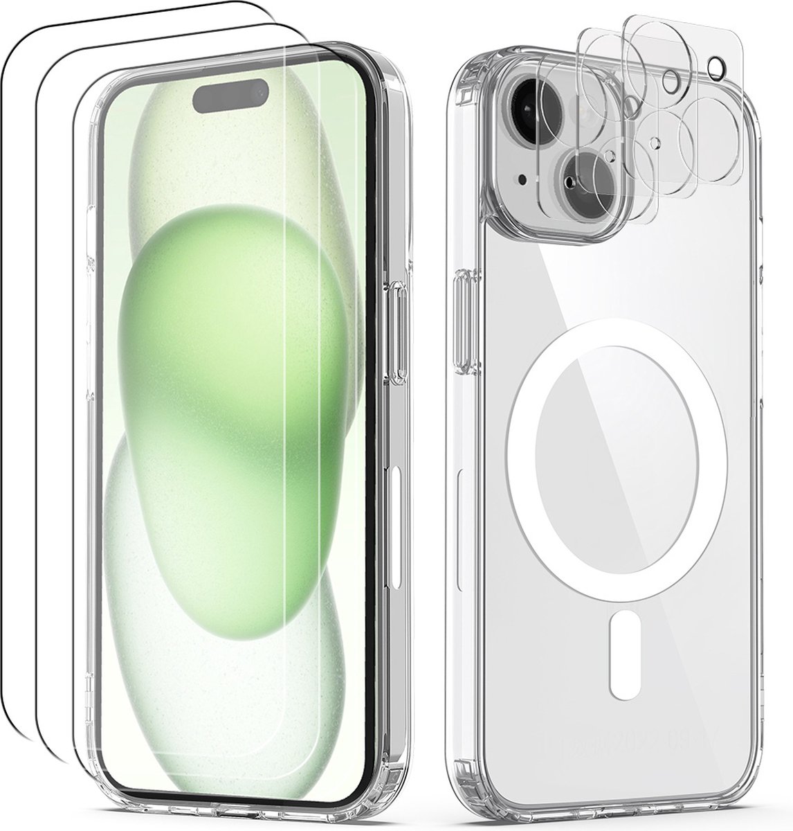 Podec Magsafe Hoesje Geschikt voor iPhone 15 Plus - Met 3x Screenprotector + 3x Cameraprotector - Magnetisch met Ring Doorzichtig - Telefoonhoesje Transparant Case