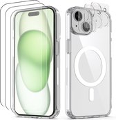 Podec Magsafe Hoesje Geschikt voor iPhone 15 Plus - Met 3x Screenprotector + 3x Cameraprotector - Magnetisch met Ring Doorzichtig - Telefoonhoesje Transparant Case
