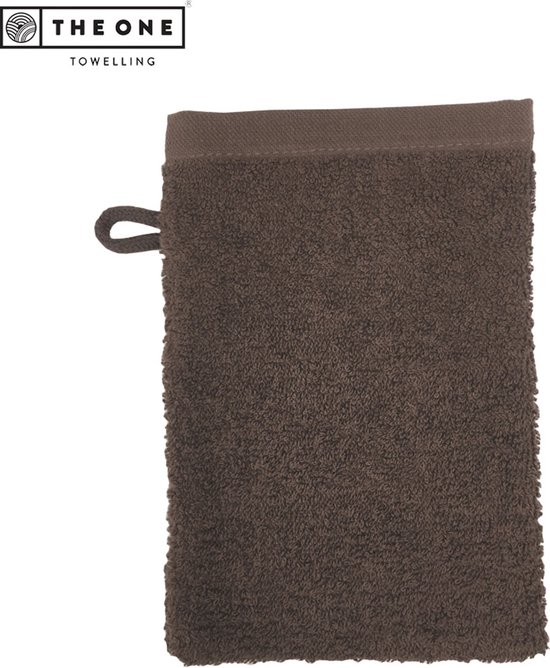 Bruine washandschoen met een lus om op te hangen.