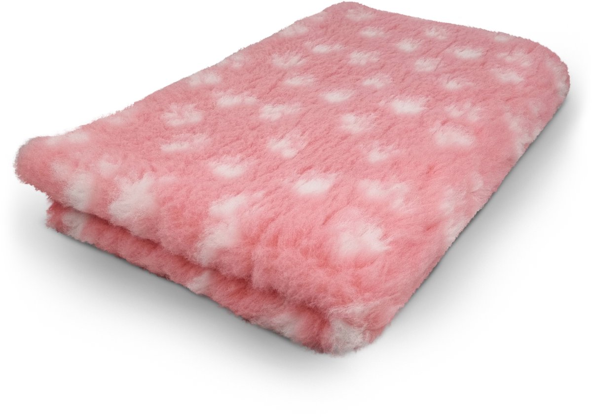 Vetbed Roze met Wit Voetprint Pootjes - Anti-Slip Hondenmat Puppykleed - Hondenkleed Benchkleed Benchmat Dierenmat - Voor Werpkist en Hondenbench - Machinewasbaar - Twee stuks van 75 x 50 cm