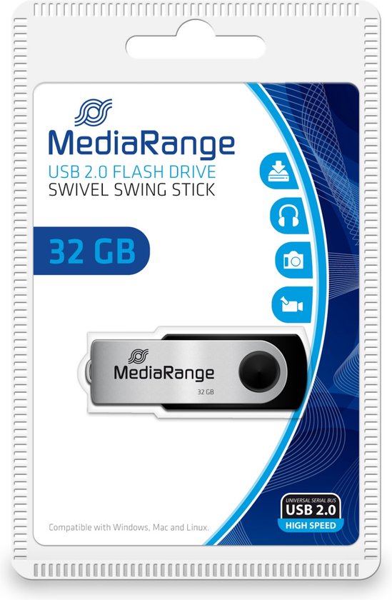 Verpakking voor een MediaRange USB 2.0 draaibare stick van 32 GB met zilveren en zwarte behuizing.