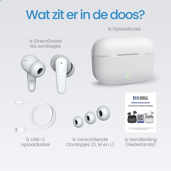 Doosinhoud: Witte oordopjes, oplaadcase, USB-C kabel, 3 maten oordopjes en handleiding.