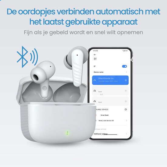 Witte oordopjes verbinden automatisch met het laatst gebruikte apparaat. Bluetooth-icoon en telefoon met instellingen.