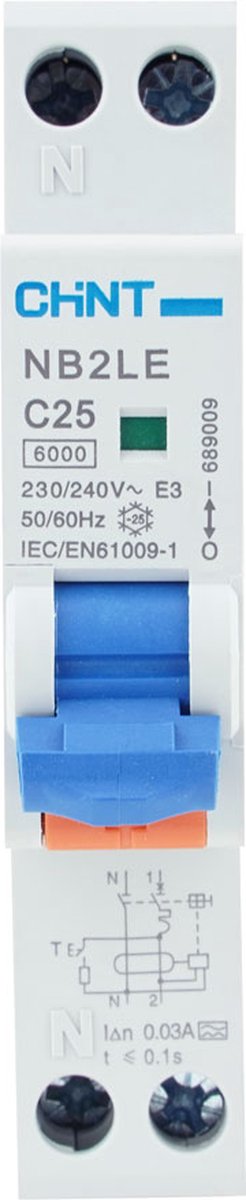 Chint aardlekautomaat 1-fase, 1-polig+nul 25A C-kar 30mA 6kA type A (NB2LE 1PN C25) - 689009