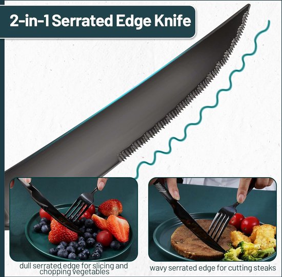 Black Premium bestekset voor 6 personen, 30-delige unieke gehamerd roestvrij stalen bestekset met steakmes, tafelvorken, slavorken, eetlepels, dessertlepel, vaatwasmachinebestendig van Black Satin. — afbeelding 3