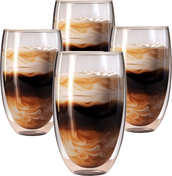 Luxe Latte Macchiato Glazen Dubbelwandig - Dubbelwandige Koffieglazen - Cappuccino Glazen - Cappuccino Kop - Latte Glazen - Theeglas Dubbelwandig 450 ML - Set Van4