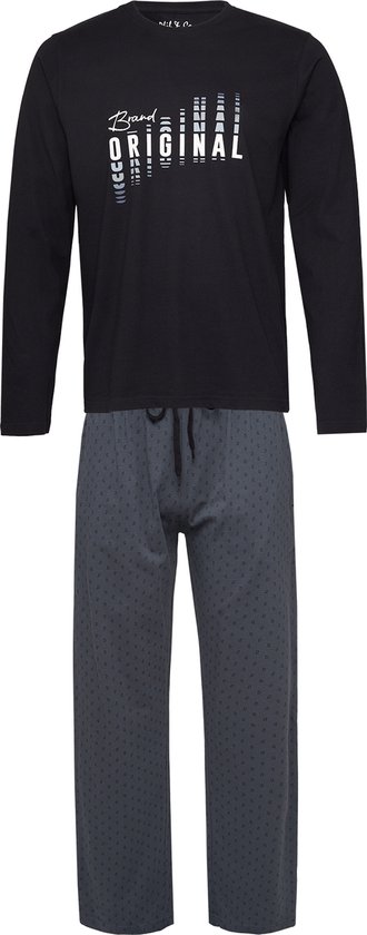 Phil & Co Lange Heren Winter Pyjama Set Katoen Brand Original Zwart/Grijs - Maat XXL