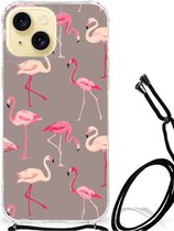 Hoesje met naam Geschikt voor iPhone 15 Telefoonhoesje met doorzichtige rand Flamingo