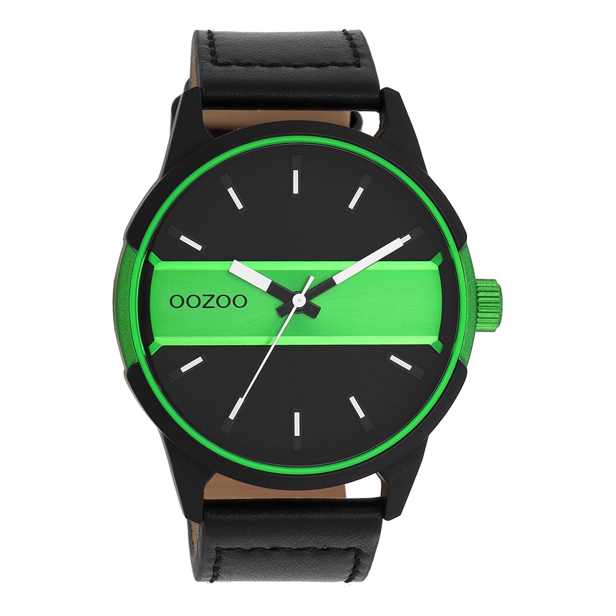 OOZOO Timepieces - Zwart-fluo groene OOZOO horloge met zwarte leren band - C11234