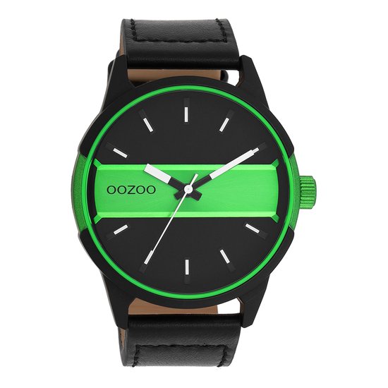 OOZOO Timepieces - Zwart/fluo groene OOZOO horloge met zwarte leren band - C11234