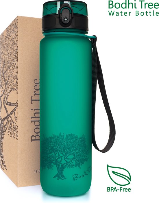 Bouteille d'eau Bodhi Tree - fermeture hygiénique pouvant être ouverte d'une seule main - bouteille pour le yoga et le sport - filtre à fruits - Tritan sans BPA - bouteille d'eau - vert | 1 litre