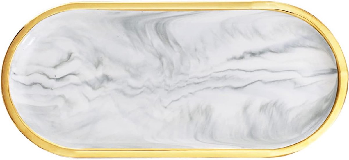 Ovale Sieradenschaal 25 x 12 cm Hittebestendige Keramische Badkamer Schaal Sieradenschaal met Gouden Rand Organisator Decoratie voor Wastafel Badkamerkasten Marmer Wit