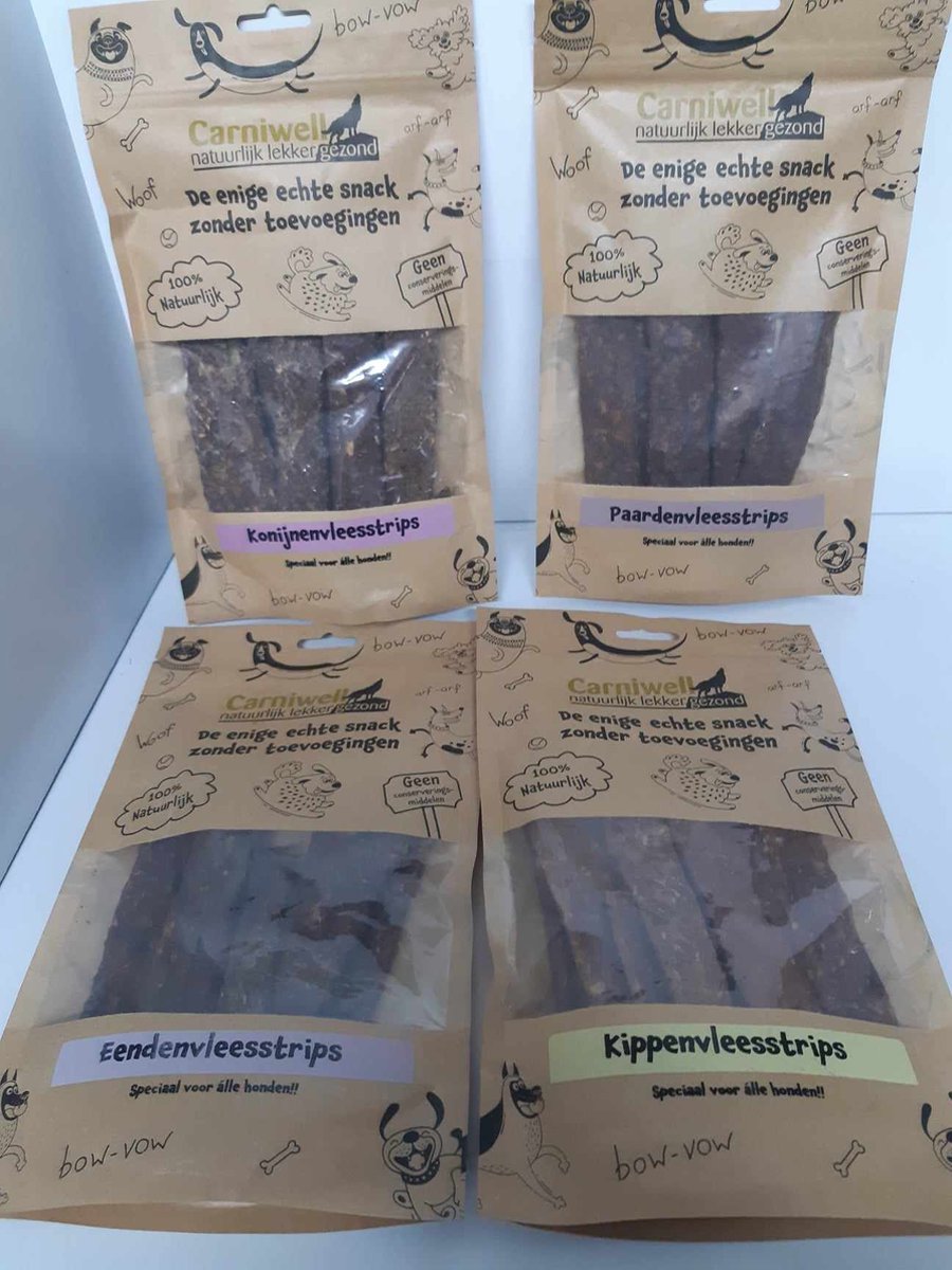 Carniwell - mixpakket natuurlijke strips 4 smaken a 100gr - hondensnacks - eend - paard - konijn - kip