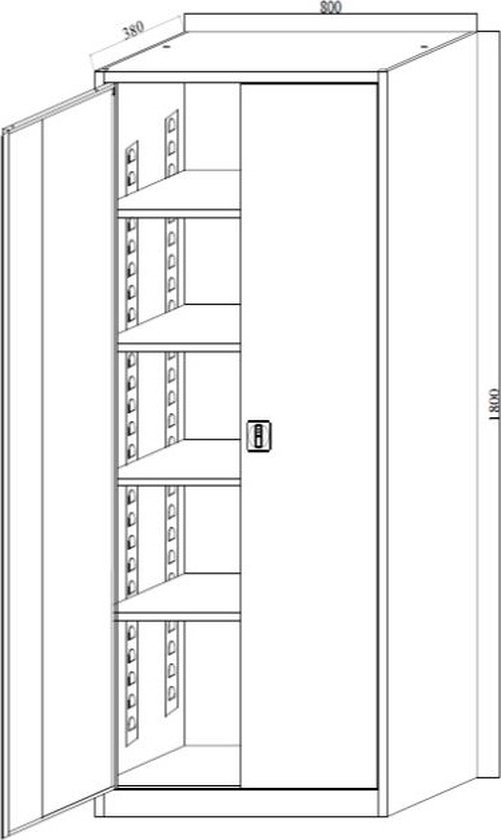 Schematische tekening van grijze metalen archiefkast met afmetingen 180x80x38 cm.