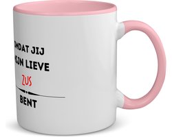 Akyol - omdat jij mijn lieve zus bent koffiemok - theemok - roze - Zus - de liefste zus - verjaardag - cadeautje voor zus - kado - geschenk - 350 ML inhoud
