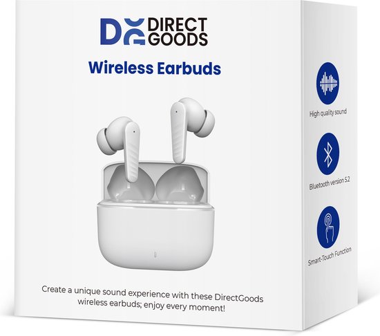 Doos van DirectGoods draadloze oordopjes met afbeelding van oordopjes en icoontjes.
