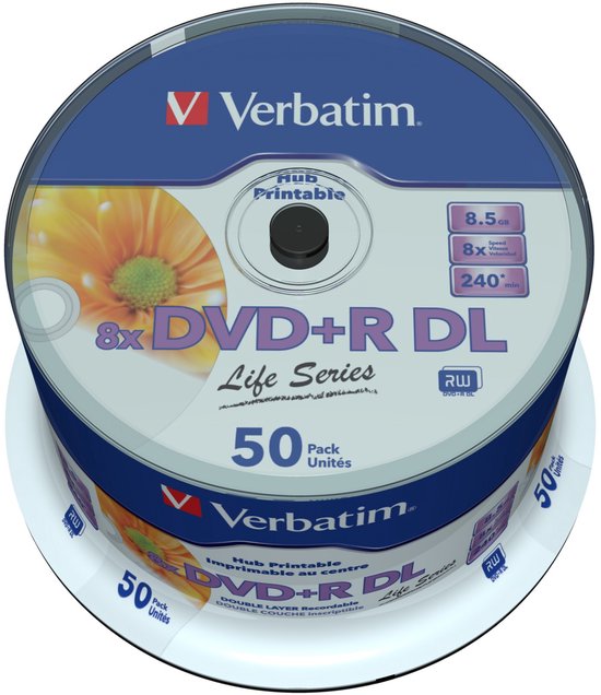 Verbatim 8x DVD+R DL Life Series, 50 stuks, Hub Printable. Een stapel van 50 discs, deels zichtbaar met bloemenprint.
