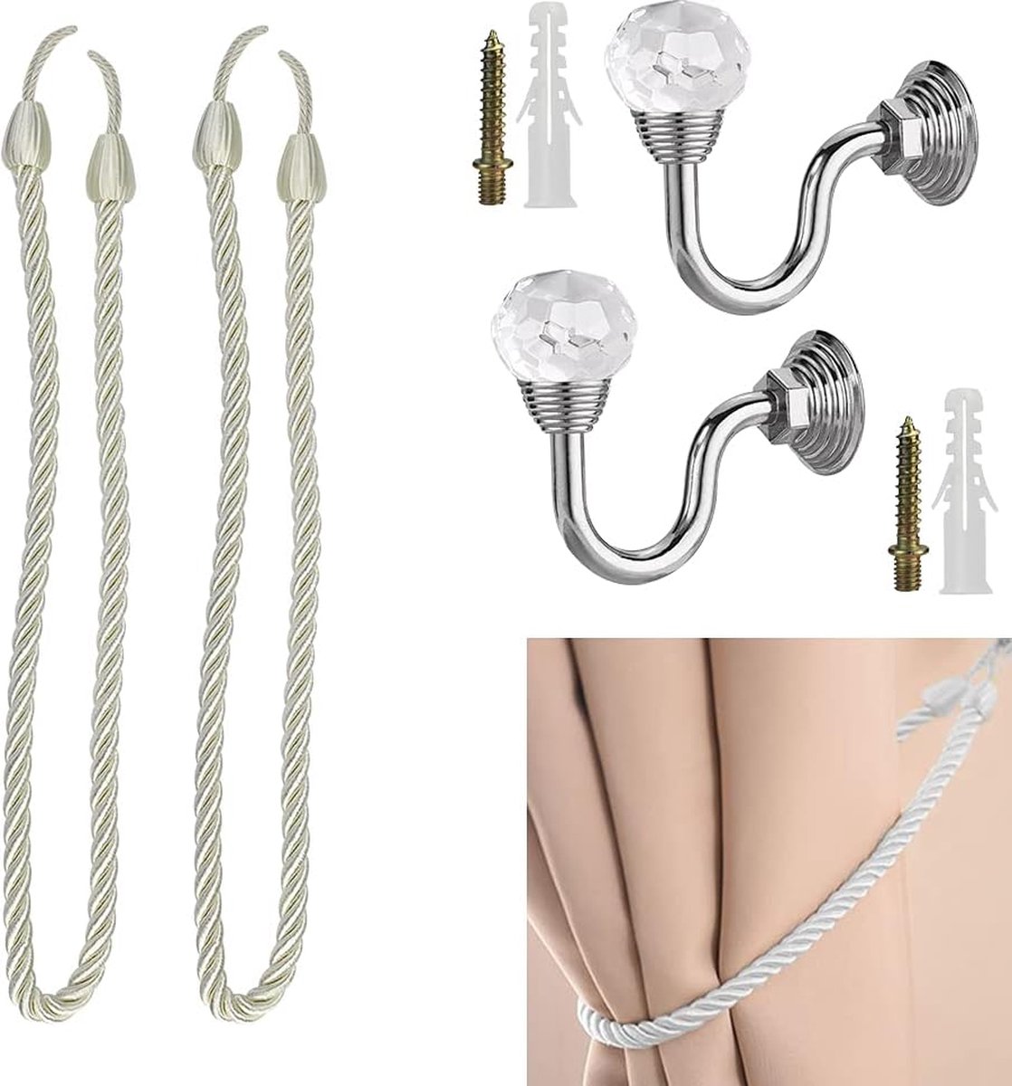 Pakket van 2 kristallen wandgemonteerde gordijnklemmen Metalen kristallen gordijnhouder Bevestigingsknoop voor U-vormige haak voor kwastgordijn Gordijnhouder Wandzilver voor achtergordijnen.