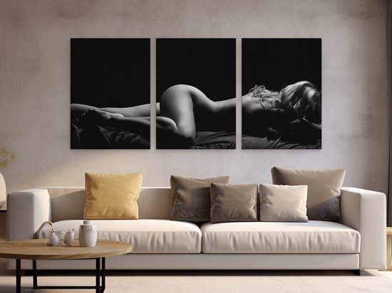 Artaza Tableau sur Toile Triptyque Femme Nue au Lit - Erotiek - Zwart Wit - 180x80 - Groot - Photo sur Toile - Impression sur Toile
