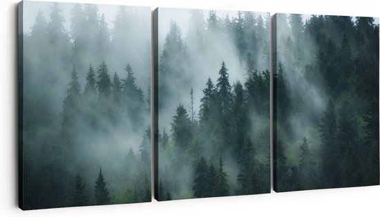 Artaza Canvas Schilderij Drieluik Bos Met Bomen In De Mist - 180x80 - Groot - Foto Op Canvas - Canvas Print
