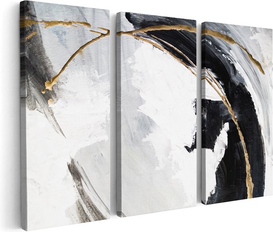 Artaza Canvas Schilderij Drieluik Abstracte Kunst - Wit met Zwart en Goud - 150x100 - Groot - Foto Op Canvas - Canvas Print